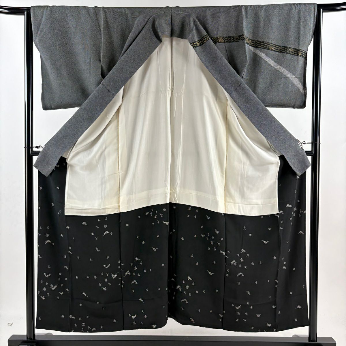【庫存清倉】訪問服 身長154cm 袖長63.5cm S 雙層 大和 有落款 熨斗紋 草花紋紋 黑灰 純蠶絲 名品級