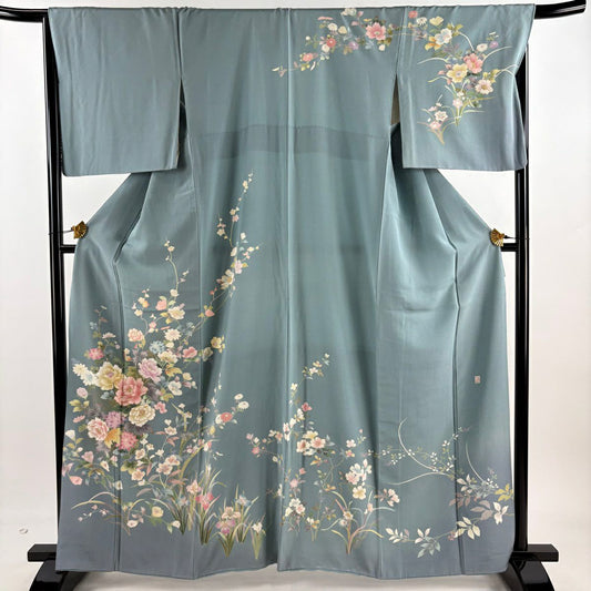 【庫存清倉】訪問服 身長163cm 袖長67.5cm L 雙層 落款有 牡丹 草花紋紋 金銀彩 漸層 淺綠 純蠶絲 名品級