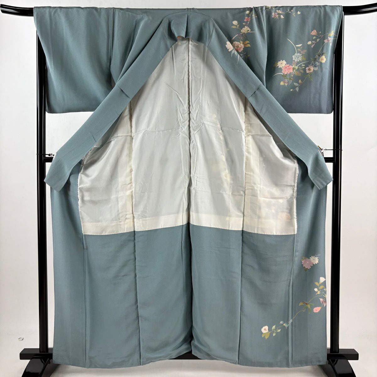 【庫存清倉】訪問服 身長163cm 袖長67.5cm L 雙層 落款有 牡丹 草花紋紋 金銀彩 漸層 淺綠 純蠶絲 名品級