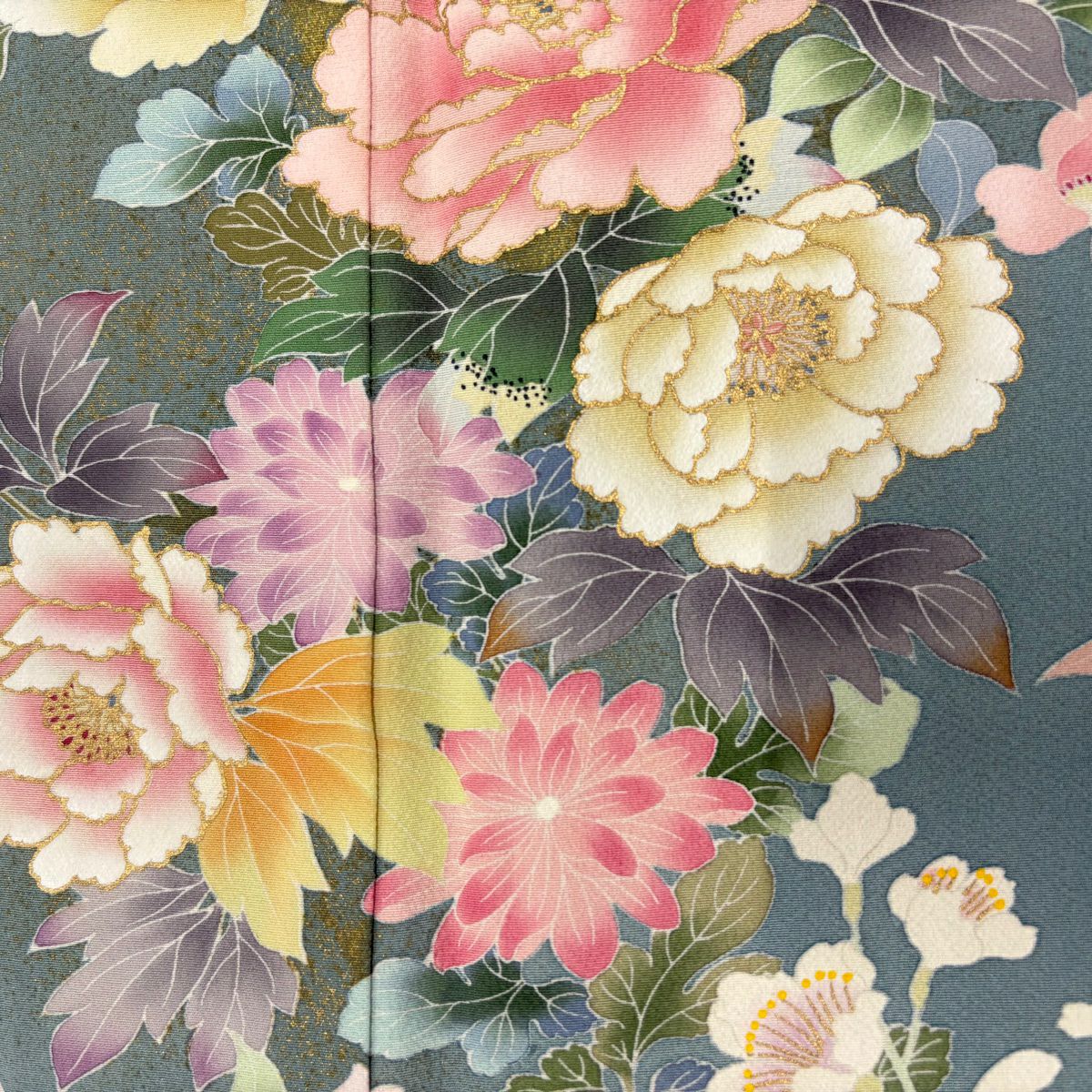 【庫存清倉】訪問服 身長163cm 袖長67.5cm L 雙層 落款有 牡丹 草花紋紋 金銀彩 漸層 淺綠 純蠶絲 名品級
