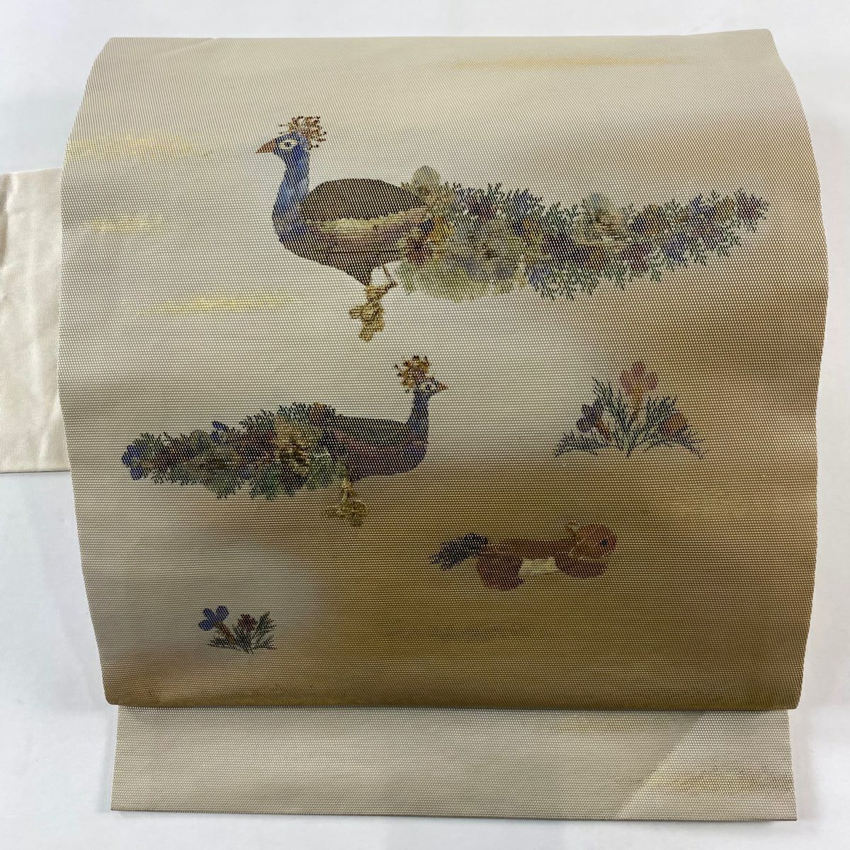 【庫存清倉】 名古屋帶 名品級 證書齊全 花香織 孔雀 草花紋紋 金金箔 金銀彩 淺茶 純蠶絲