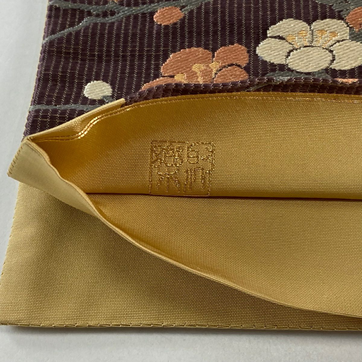 【庫存清倉】 袋帶 名品級 じゅらく 落款あり 名物裂集文 草花紋 金糸 金金箔 米色 六通 純蠶絲