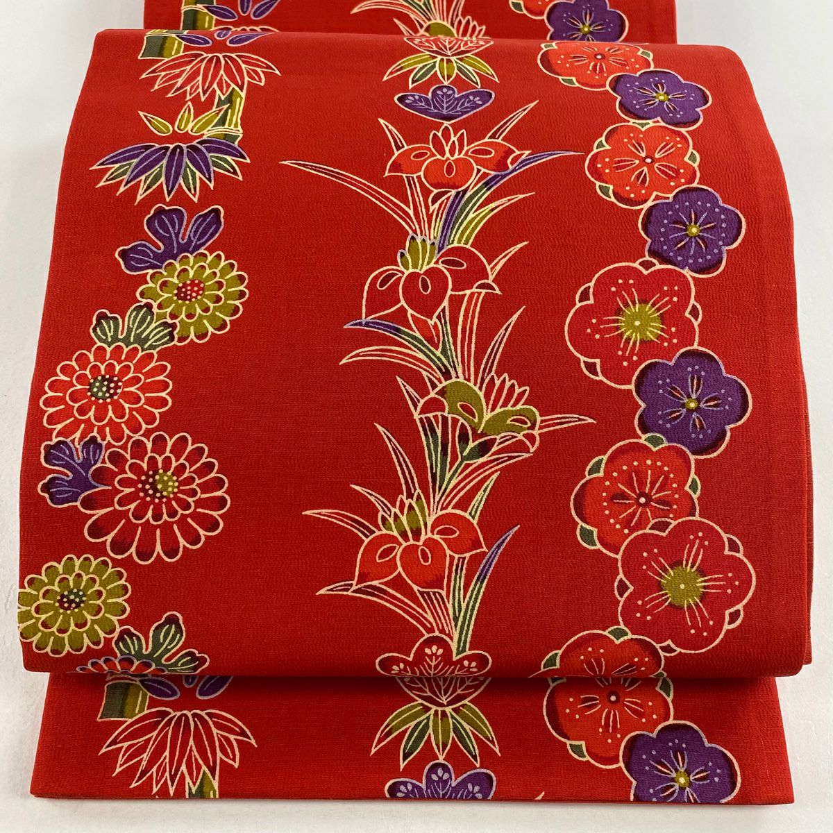 【美品】 袋帶 名品級 松樹竹子梅花 菖蒲 紅 純蠶絲