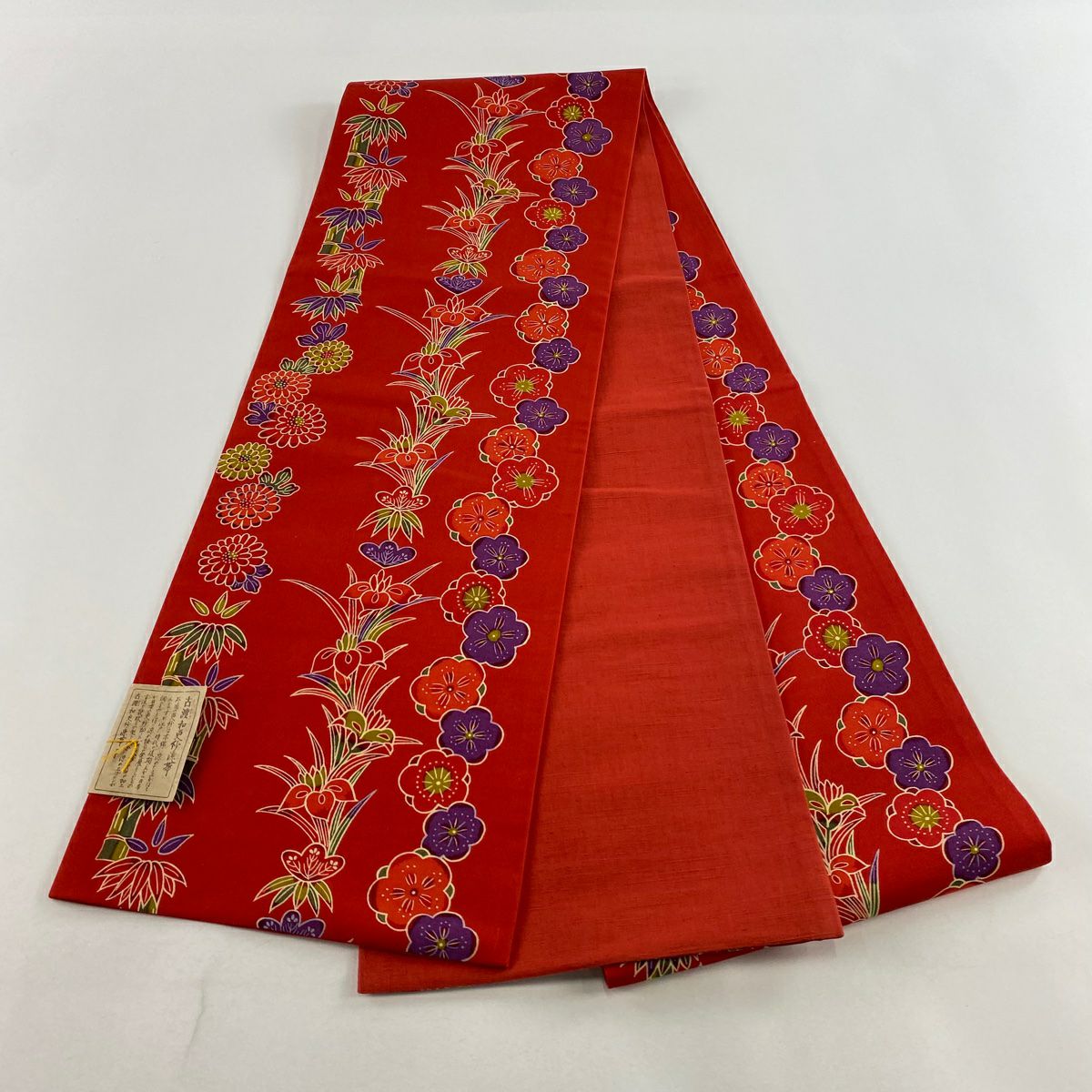 【美品】 袋帶 名品級 松樹竹子梅花 菖蒲 紅 純蠶絲