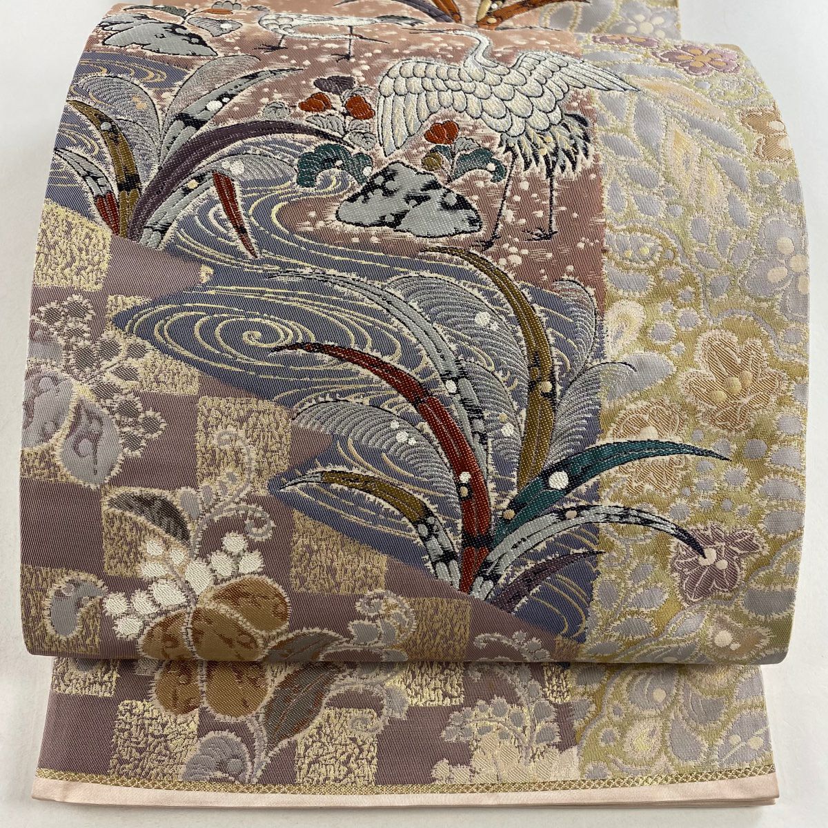 【庫存清倉】 【美品】 袋帶 名品級 關西仕立 仙鶴 草花紋紋 金金箔 粉米色 大鼓圖案 純蠶絲