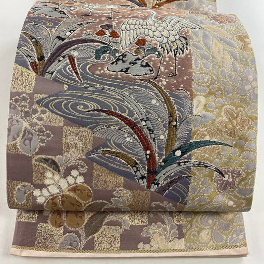 【庫存清倉】 【美品】 袋帶 名品級 關西仕立 仙鶴 草花紋紋 金金箔 粉米色 大鼓圖案 純蠶絲
