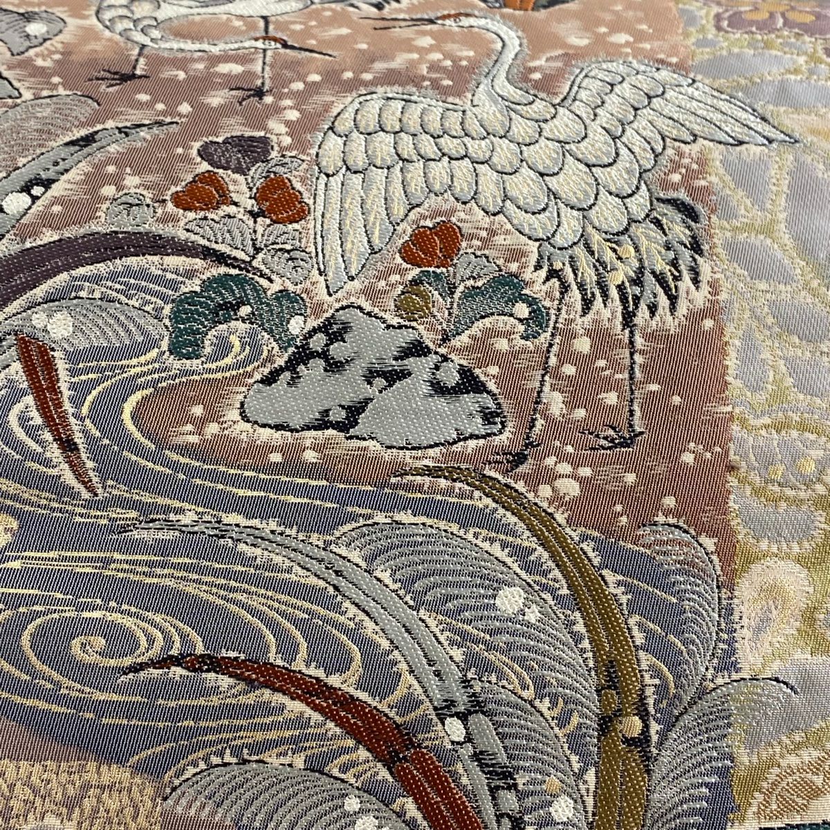 【庫存清倉】 【美品】 袋帶 名品級 關西仕立 仙鶴 草花紋紋 金金箔 粉米色 大鼓圖案 純蠶絲