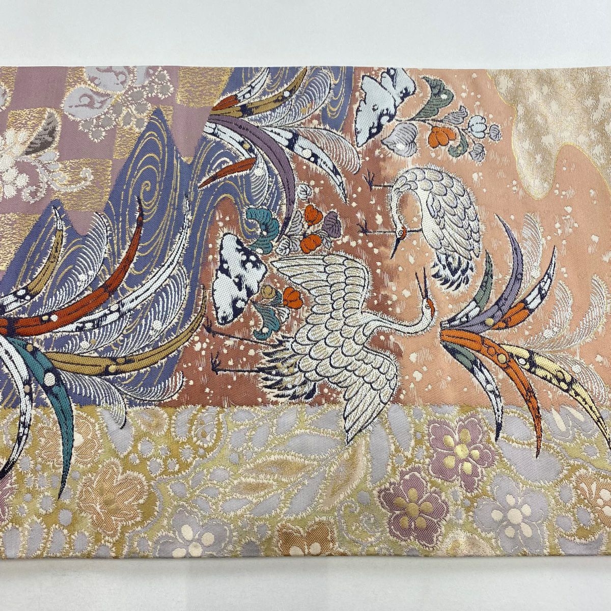 【庫存清倉】 【美品】 袋帶 名品級 關西仕立 仙鶴 草花紋紋 金金箔 粉米色 大鼓圖案 純蠶絲