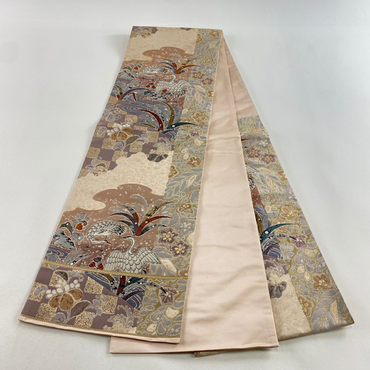 【庫存清倉】 【美品】 袋帶 名品級 關西仕立 仙鶴 草花紋紋 金金箔 粉米色 大鼓圖案 純蠶絲