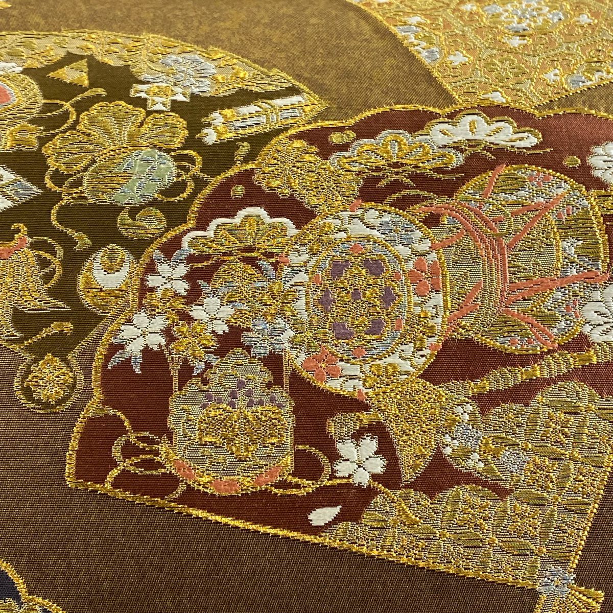【庫存清倉】 袋帶 名品級 じゅらく 有落款 扇子子 鼓 金銀絲 金金箔 金茶 六通 純蠶絲