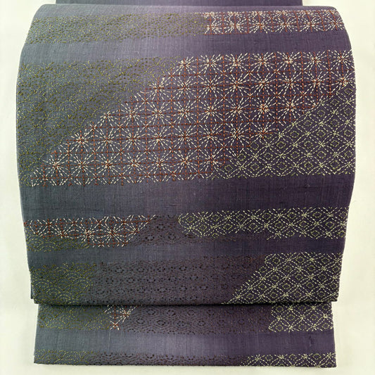 【庫存清倉】 【美品】 袋帶 名品級 大和 紬織織 有職紋樣 刺繡 紫色 大鼓圖案 純蠶絲