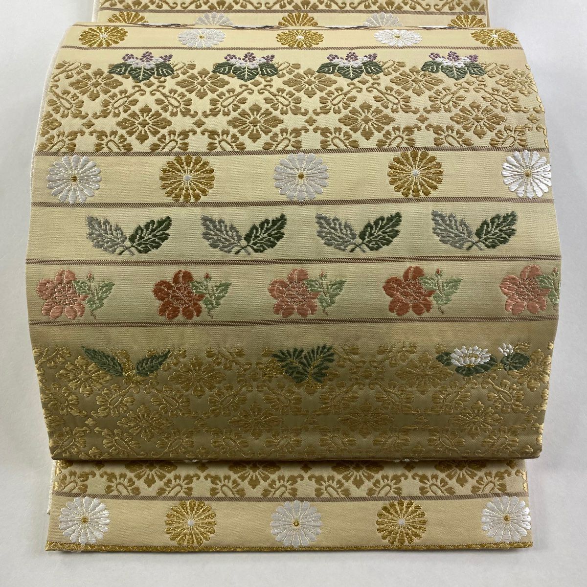 【庫存清倉】 袋帶 名品級 仙鶴 菊花 金絲 米色 六通 純蠶絲