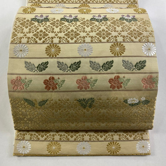 【庫存清倉】 袋帶 名品級 仙鶴 菊花 金絲 米色 六通 純蠶絲
