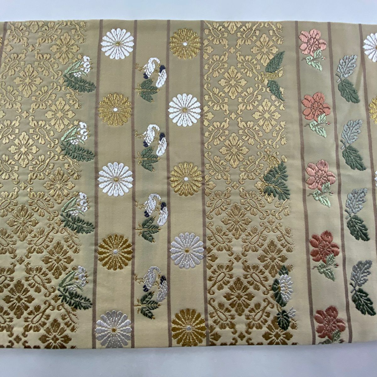 【庫存清倉】 袋帶 名品級 仙鶴 菊花 金絲 米色 六通 純蠶絲
