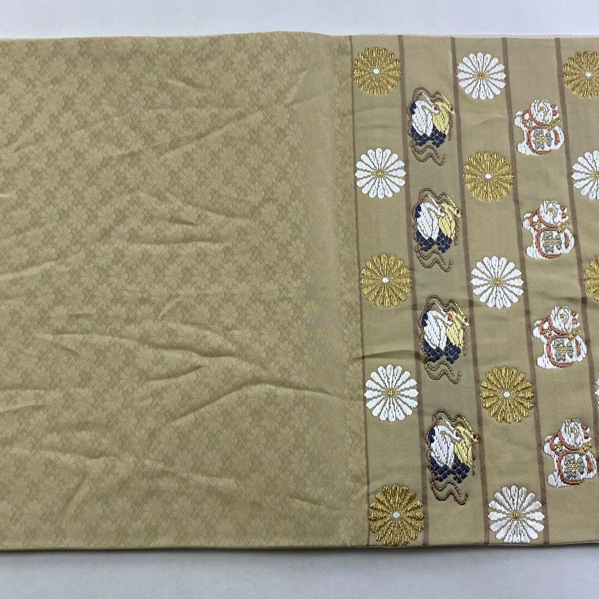 【庫存清倉】 袋帶 名品級 仙鶴 菊花 金絲 米色 六通 純蠶絲