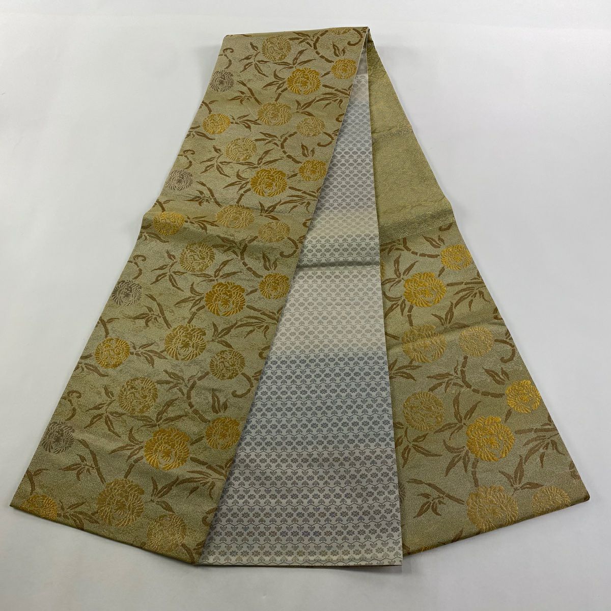 【庫存清倉】 【美品】 袋帶 名品級 有落款 鳥 唐草紋 金銀絲 茶 六通 純蠶絲