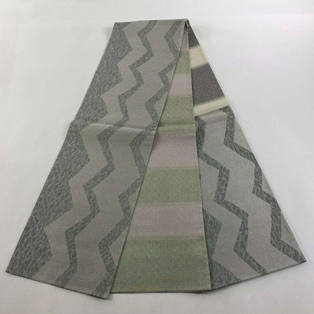 【庫存清倉】 【美品】 袋帶 名品級 幾何圖案 銀線 灰 深藍 六通 純蠶絲