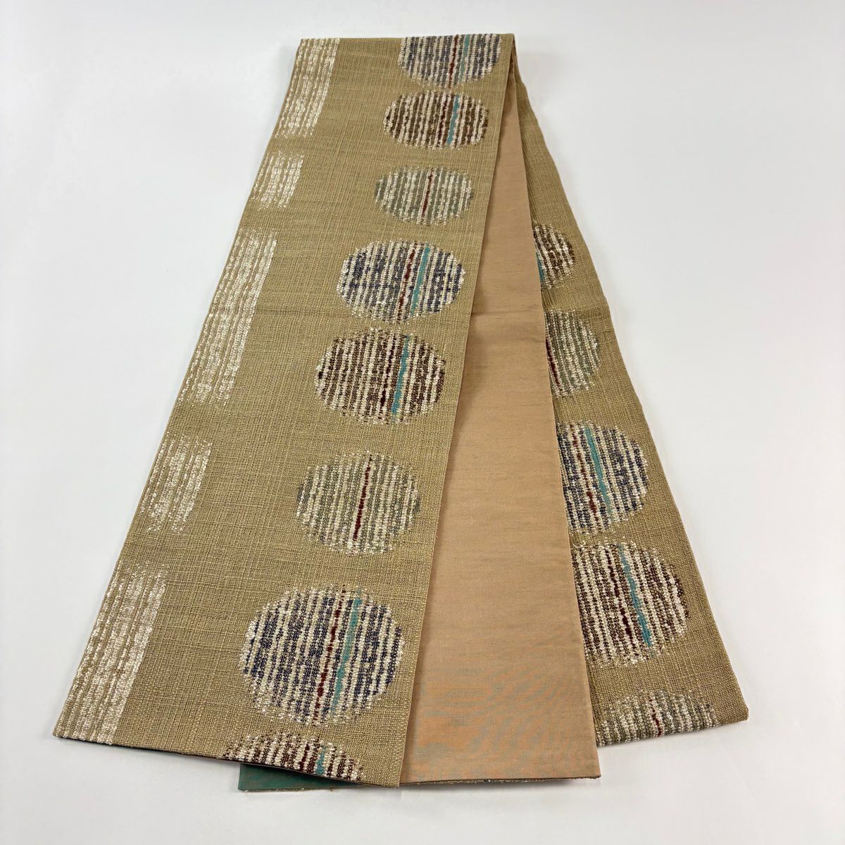 【庫存清倉】 【美品】 袋帶 名品級 圓文 條紋 灰茶 六通 純蠶絲