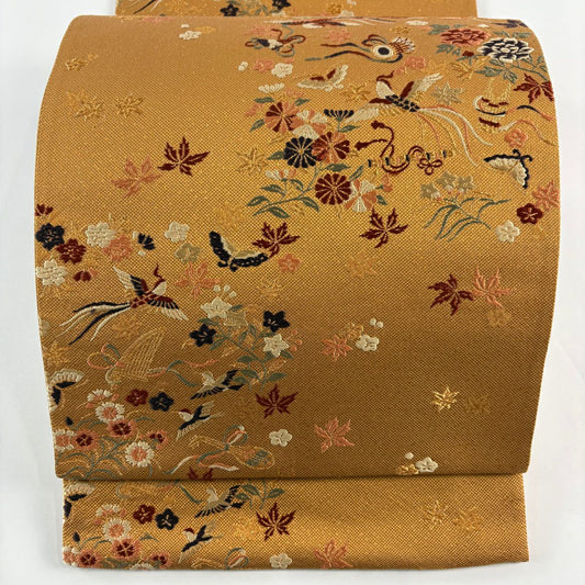 【庫存清倉】 袋帶 名品級 鳥 草花紋 金糸 刺繡 橙色 六通 純蠶絲