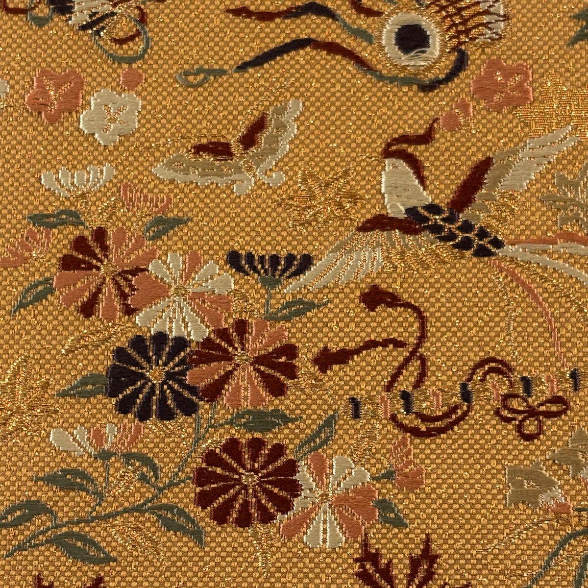 【庫存清倉】 袋帶 名品級 鳥 草花紋 金糸 刺繡 橙色 六通 純蠶絲