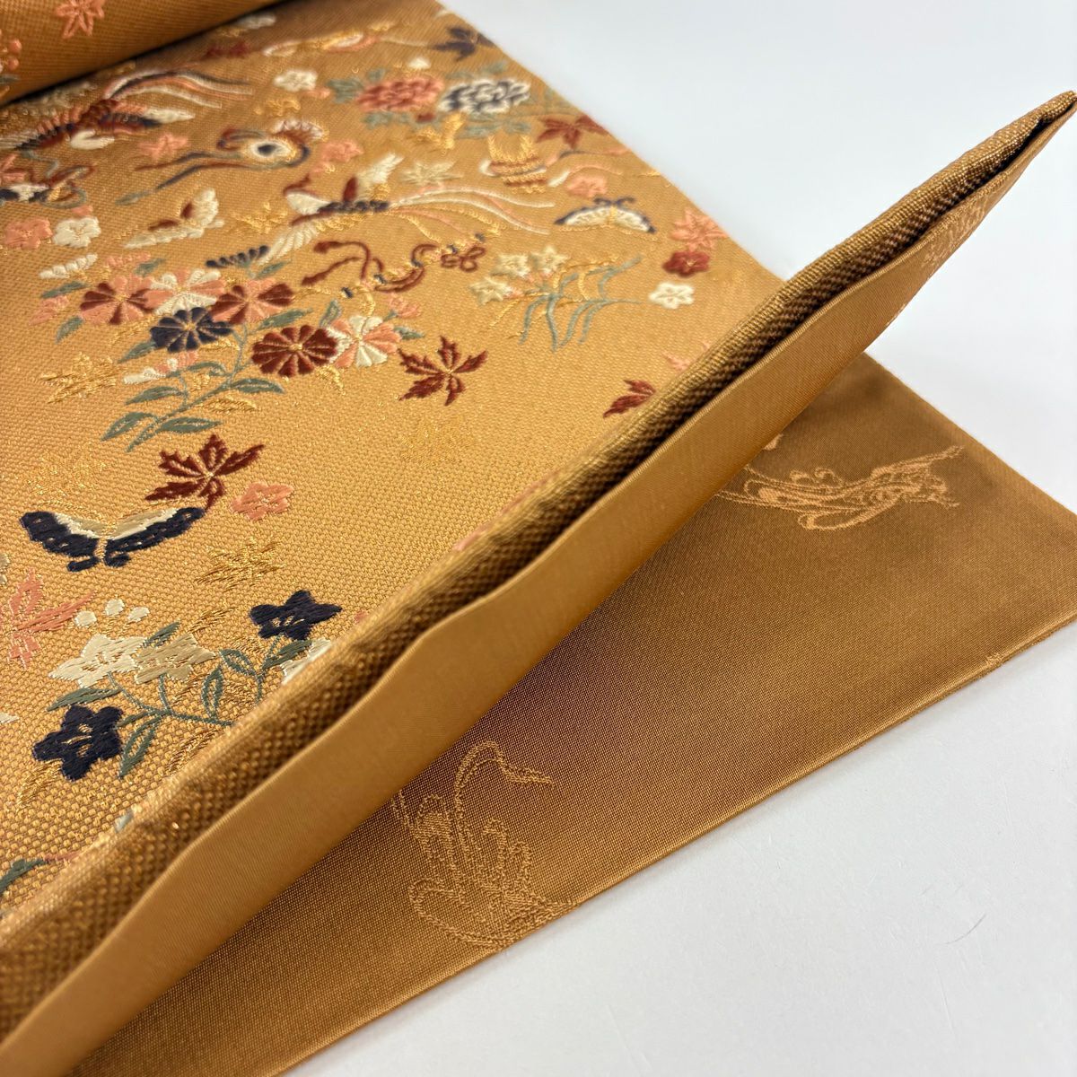 【庫存清倉】 袋帶 名品級 鳥 草花紋 金糸 刺繡 橙色 六通 純蠶絲
