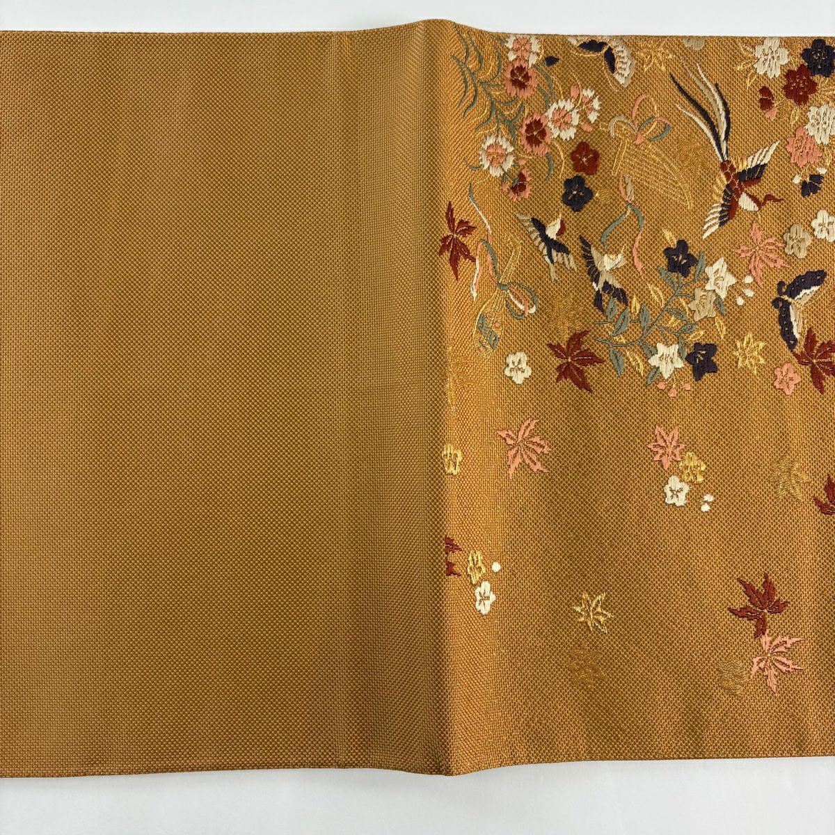 【庫存清倉】 袋帶 名品級 鳥 草花紋 金糸 刺繡 橙色 六通 純蠶絲