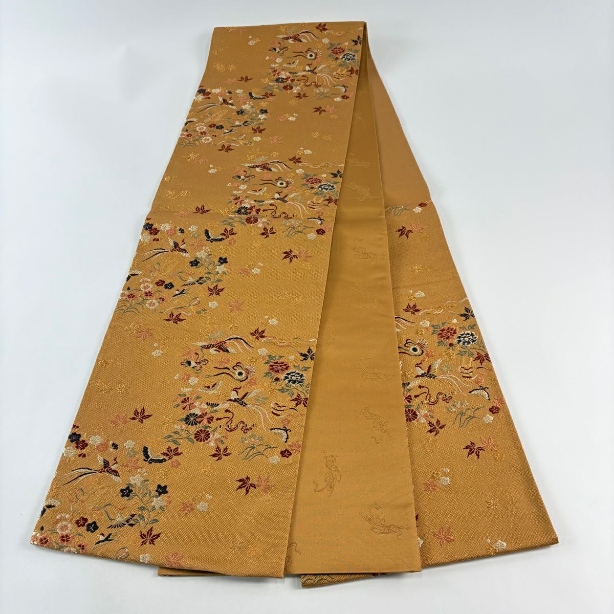 【庫存清倉】 袋帶 名品級 鳥 草花紋 金糸 刺繡 橙色 六通 純蠶絲