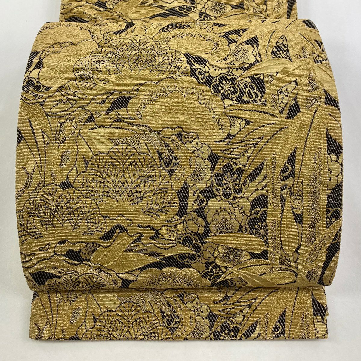 【庫存清倉】 【美品】 袋帶 名品級 松樹竹子梅花 金絲 墨色 六通 純蠶絲