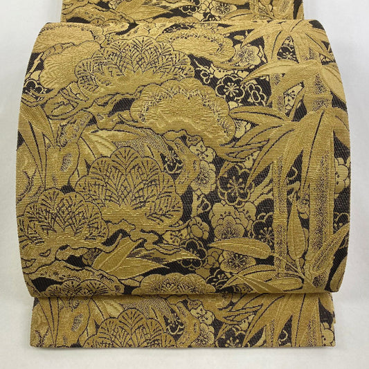【庫存清倉】 【美品】 袋帶 名品級 松樹竹子梅花 金絲 墨色 六通 純蠶絲