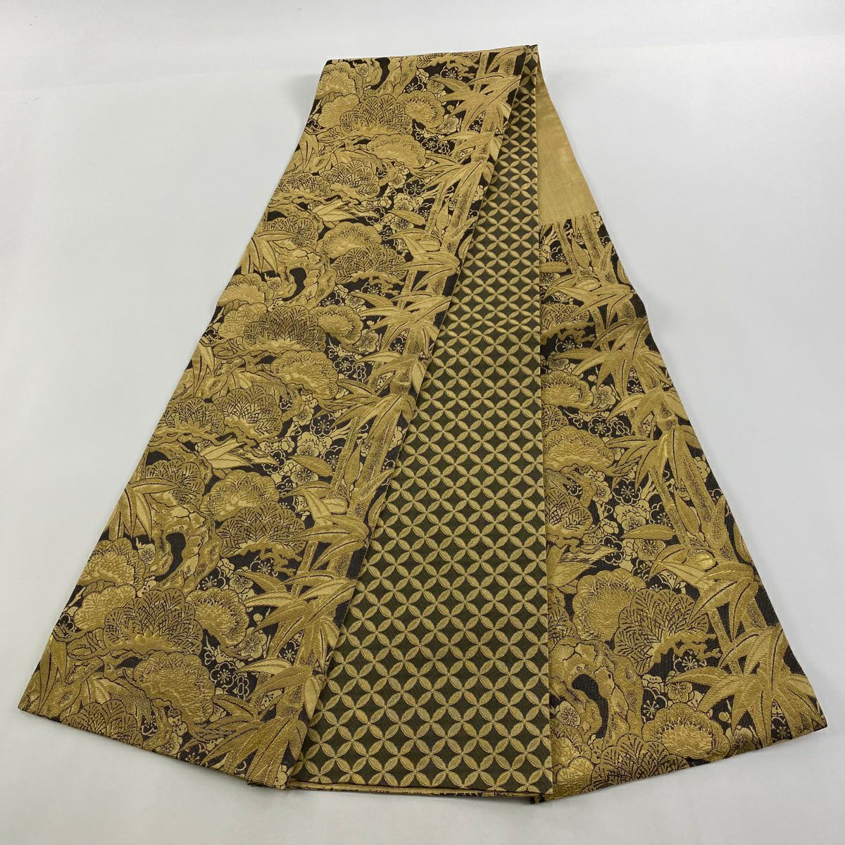 【庫存清倉】 【美品】 袋帶 名品級 松樹竹子梅花 金絲 墨色 六通 純蠶絲