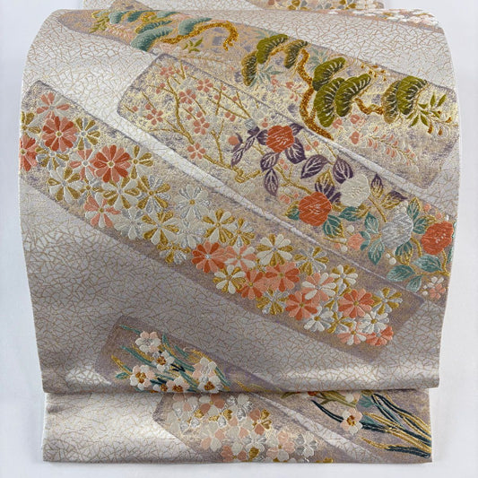 【庫存清倉】 【美品】 袋帶 名品級 祥園 落款 草花紋 松樹 金銀糸 金金箔 銀色 六通 純蠶絲