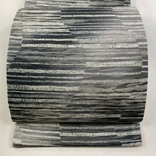 【庫存清倉】 【美品】 袋帶 名品級 縞紋 銀線 刺繡 灰色 全通 純蠶絲
