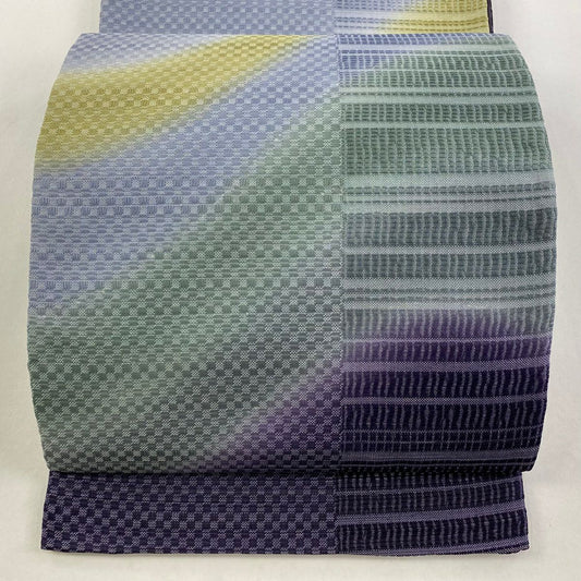 【庫存清倉】 【美品】 袋帶 名品級 幾何圖案 銀通過 深藍灰色 大鼓圖案 純蠶絲