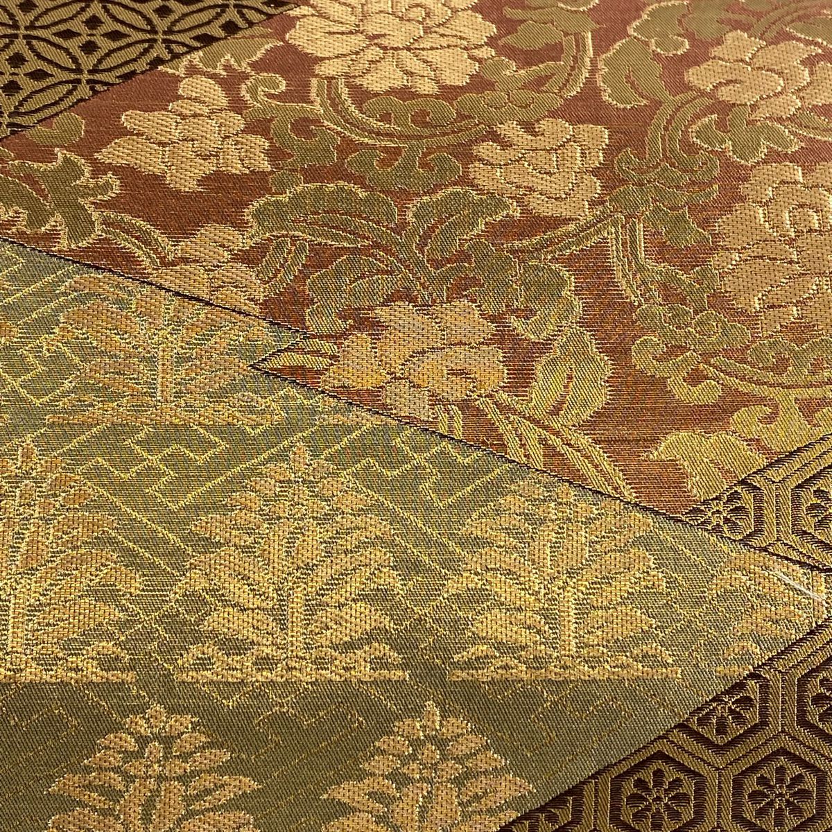 【美品】 袋帶 秀品級 花唐草紋 有職紋樣 金絲 金金箔 茶 六通 純蠶絲
