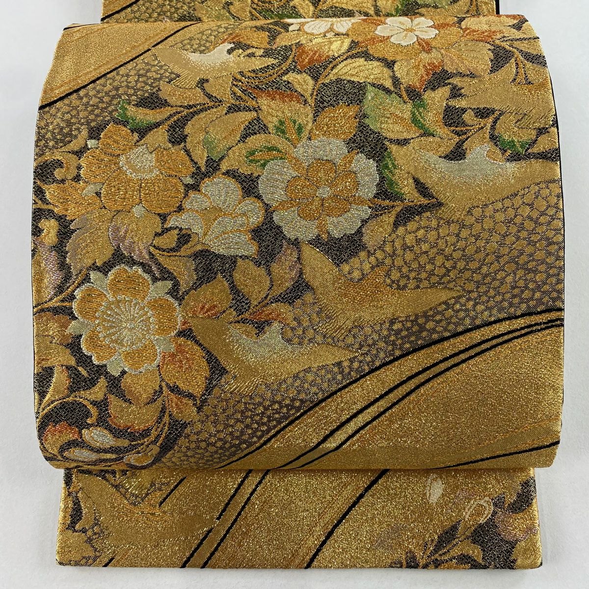 【美品】 袋帶 秀品級 草花紋紋 鳥 金銀線 金金箔 金色 六通 純蠶絲