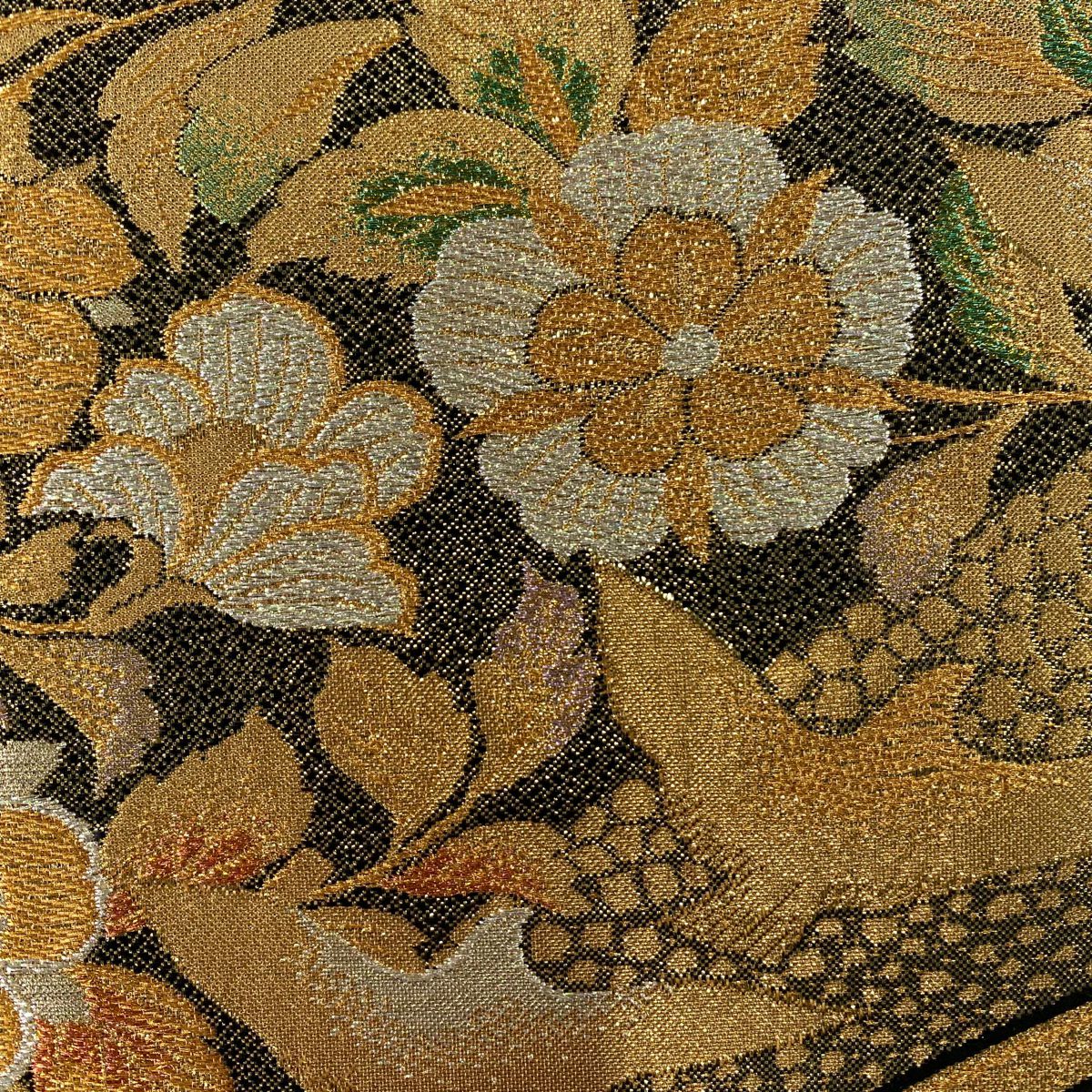 【美品】 袋帶 秀品級 草花紋紋 鳥 金銀線 金金箔 金色 六通 純蠶絲