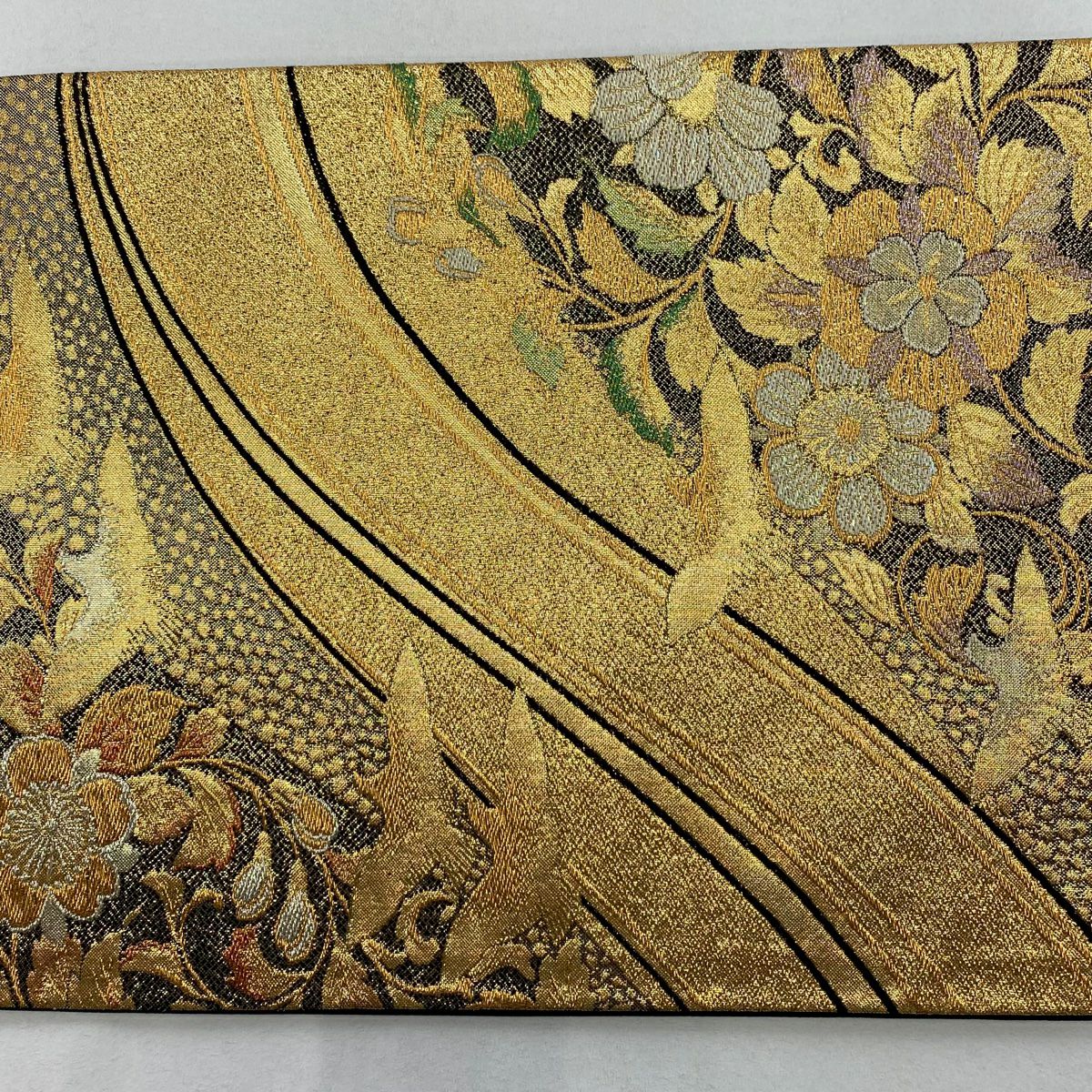 【美品】 袋帶 秀品級 草花紋紋 鳥 金銀線 金金箔 金色 六通 純蠶絲