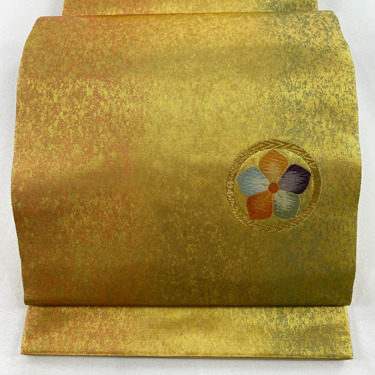 【美品】 袋帶 秀品級 金箔屋清兵衛 落款 花 縱向漸變 金絲 金金箔 金色 大鼓圖案 純蠶絲