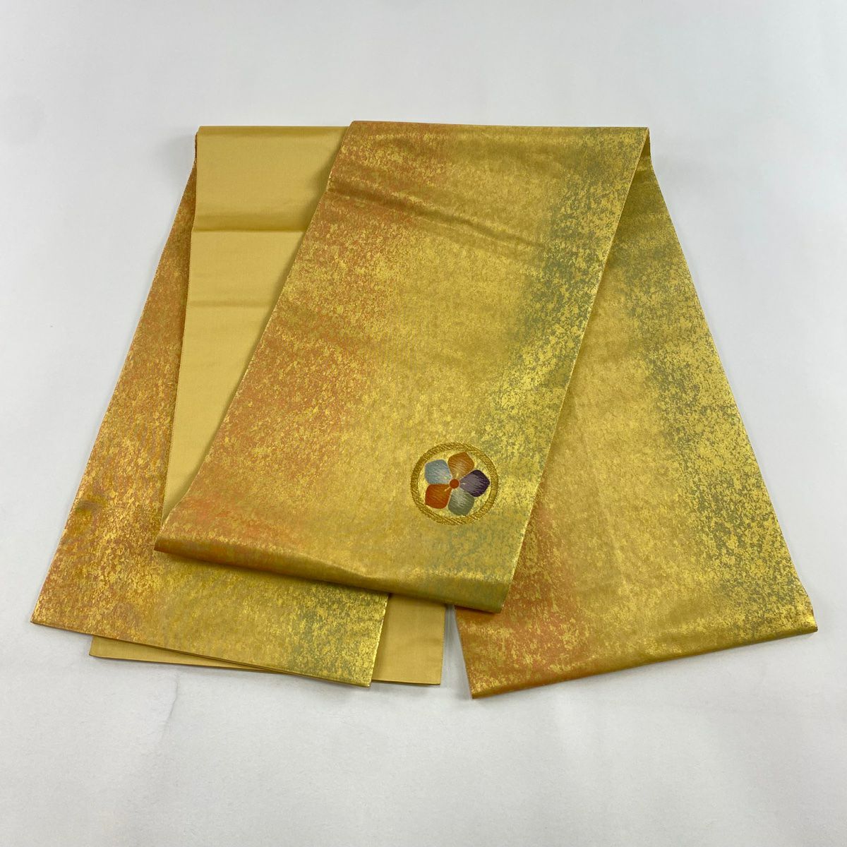 【美品】 袋帶 秀品級 金箔屋清兵衛 落款 花 縱向漸變 金絲 金金箔 金色 大鼓圖案 純蠶絲