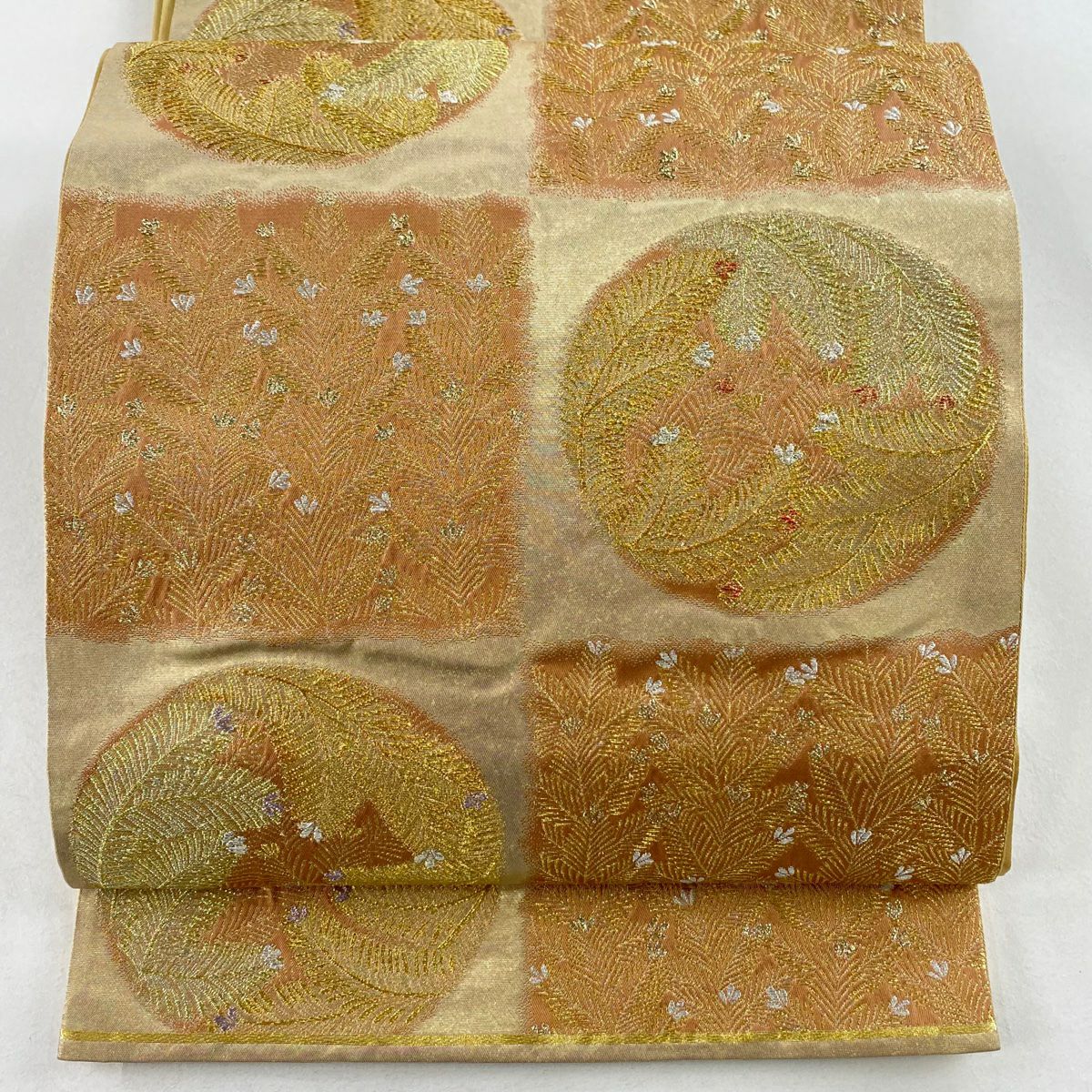 【美品】 袋帶 秀品級 關西仕立 若松樹 市松樹 金絲 金金箔 金色 六通 純蠶絲
