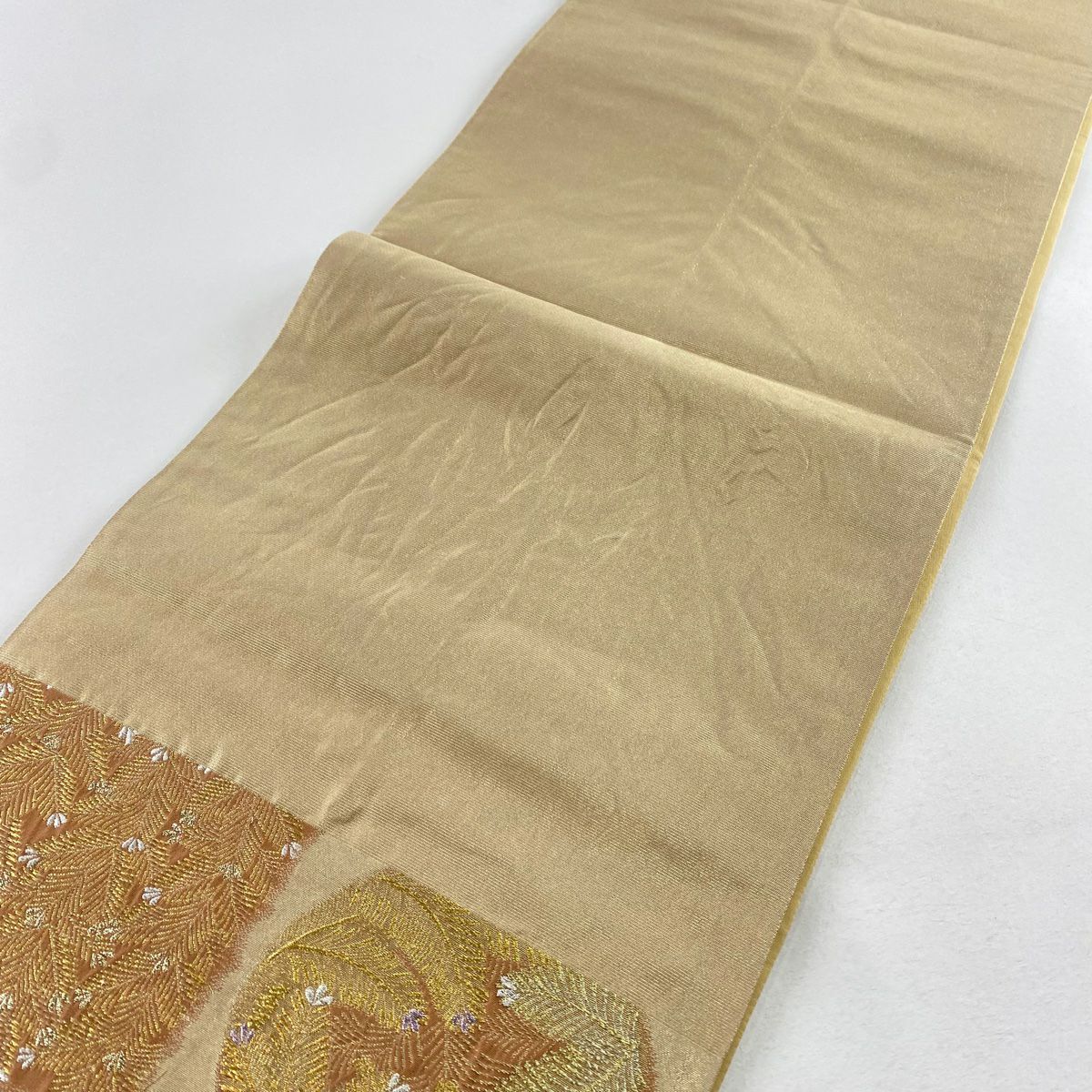 【美品】 袋帶 秀品級 關西仕立 若松樹 市松樹 金絲 金金箔 金色 六通 純蠶絲