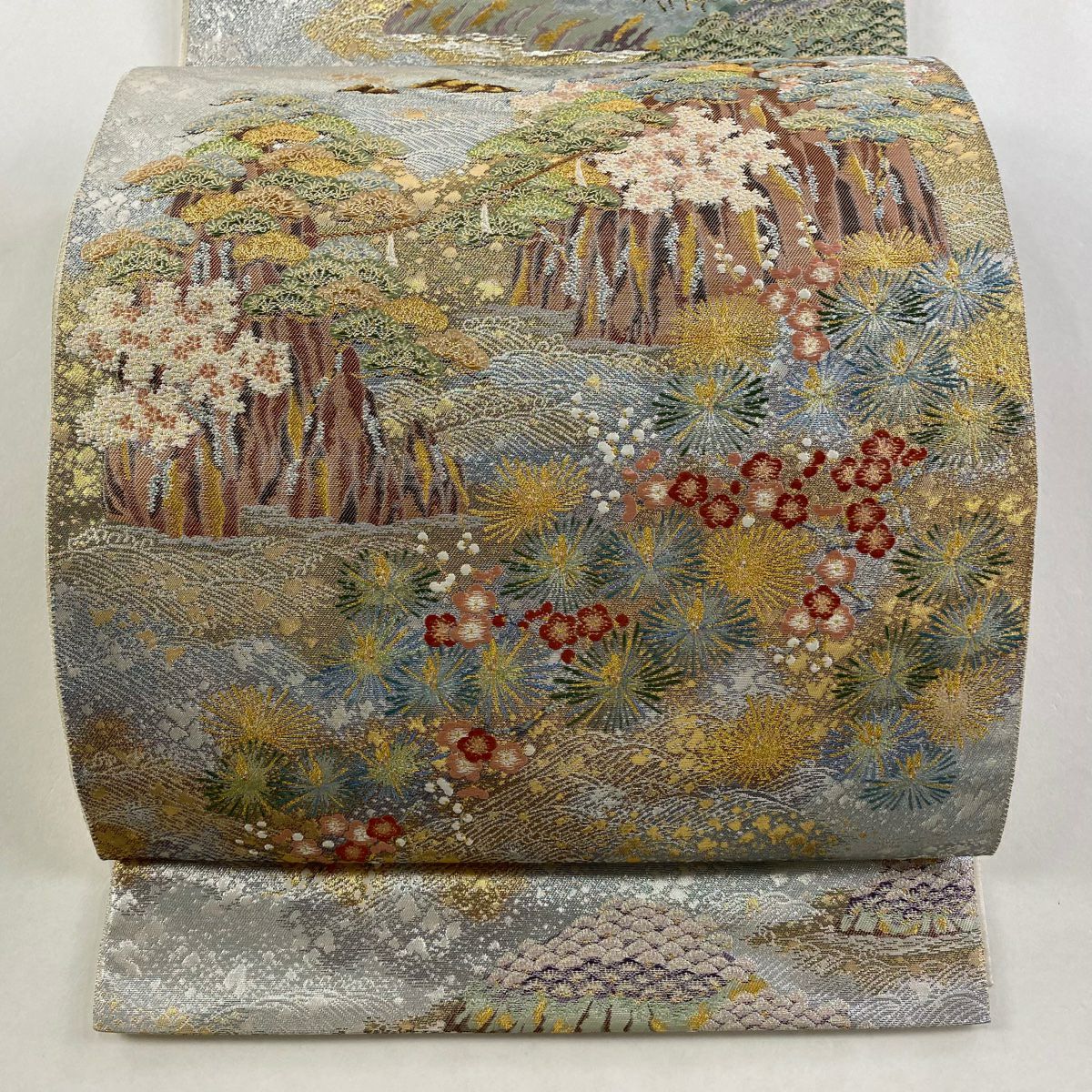 【美品】 袋帶 秀品級 風景 笠松樹 金金箔 唐織 青灰 六通 純蠶絲