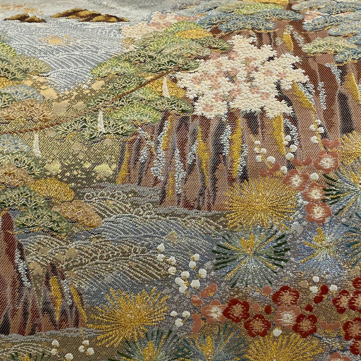 【美品】 袋帶 秀品級 風景 笠松樹 金金箔 唐織 青灰 六通 純蠶絲