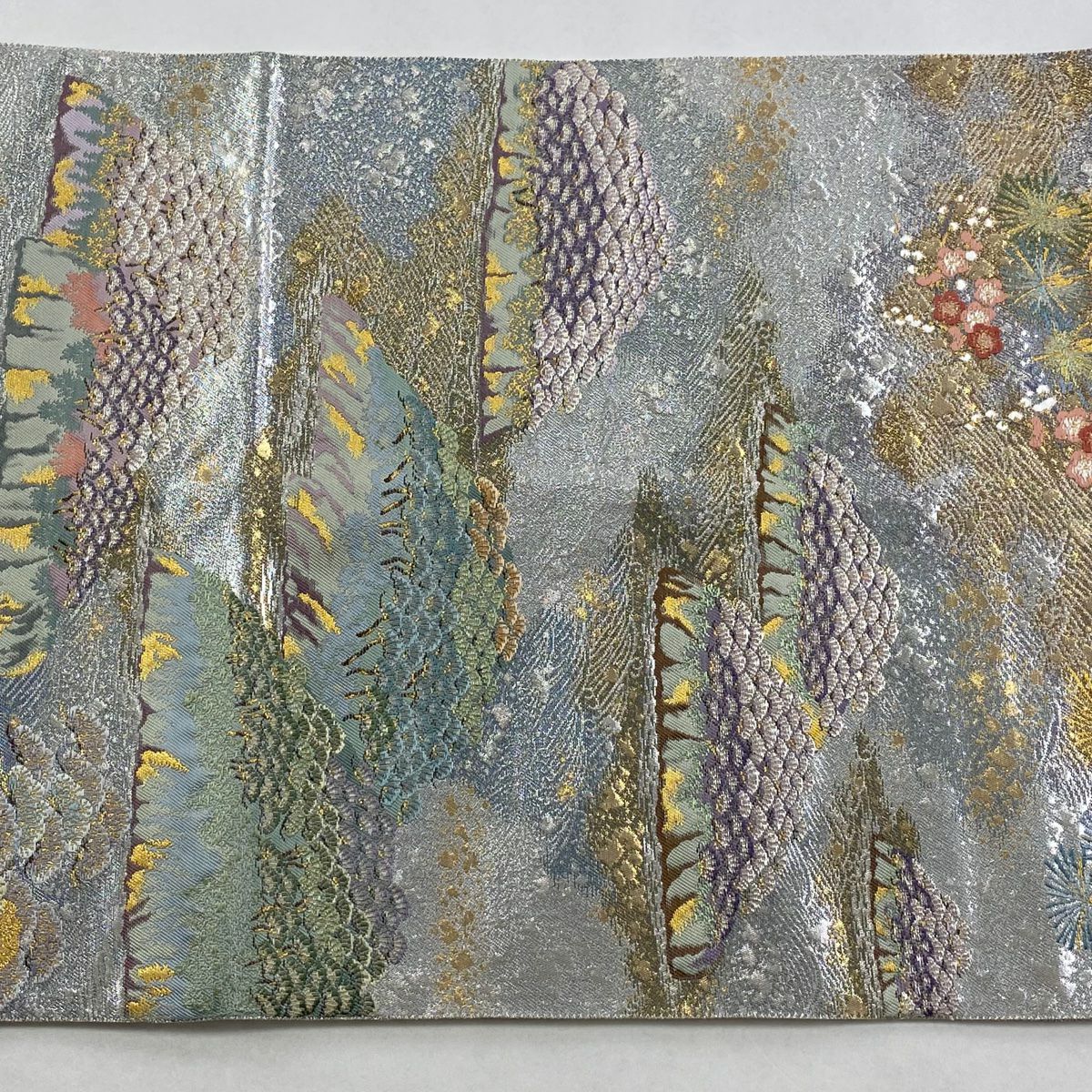 【美品】 袋帶 秀品級 風景 笠松樹 金金箔 唐織 青灰 六通 純蠶絲