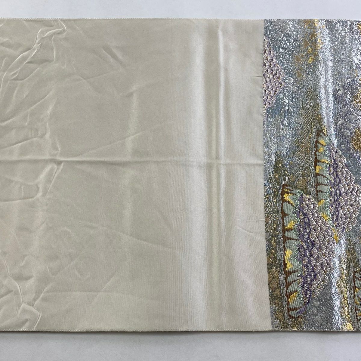 【美品】 袋帶 秀品級 風景 笠松樹 金金箔 唐織 青灰 六通 純蠶絲