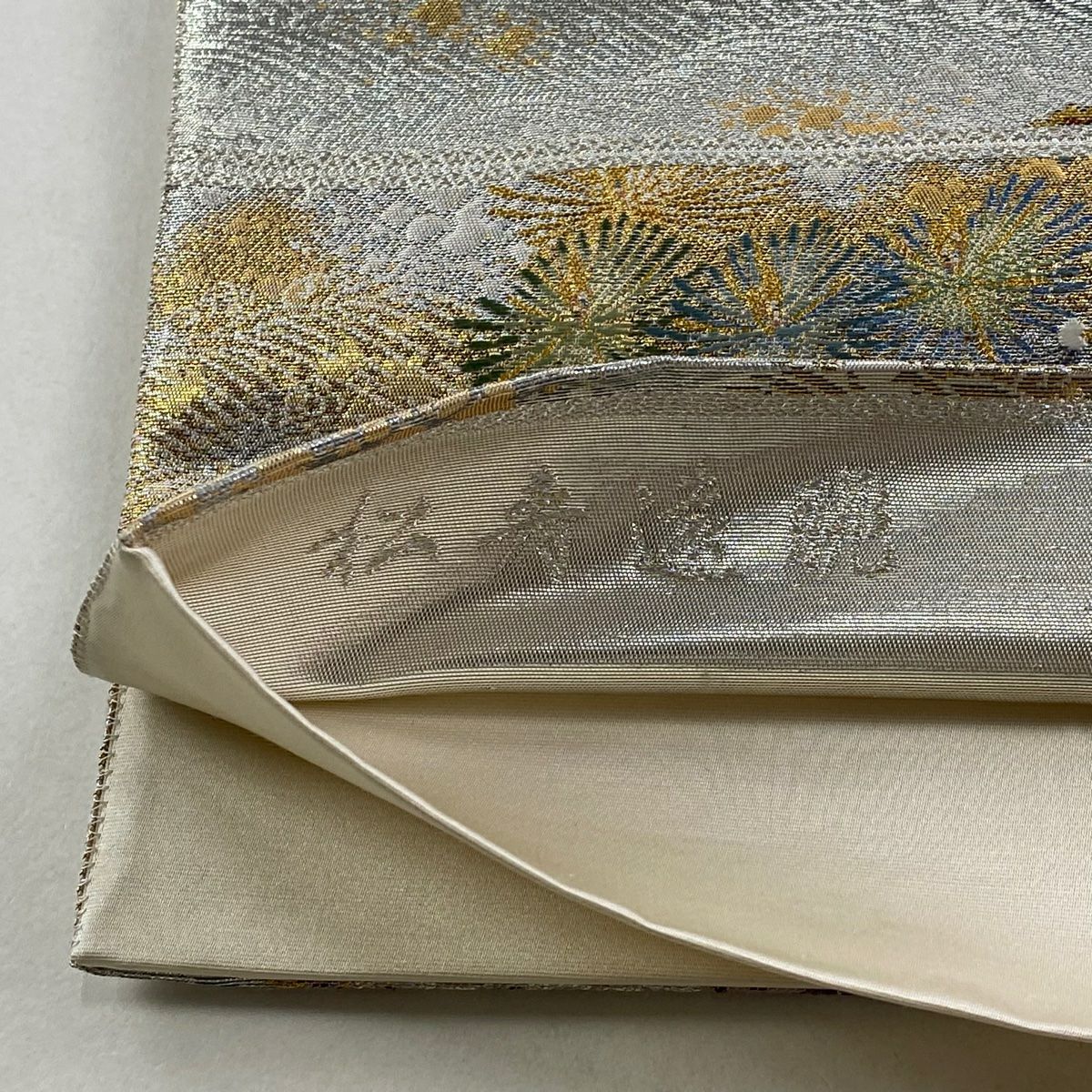 【美品】 袋帶 秀品級 風景 笠松樹 金金箔 唐織 青灰 六通 純蠶絲