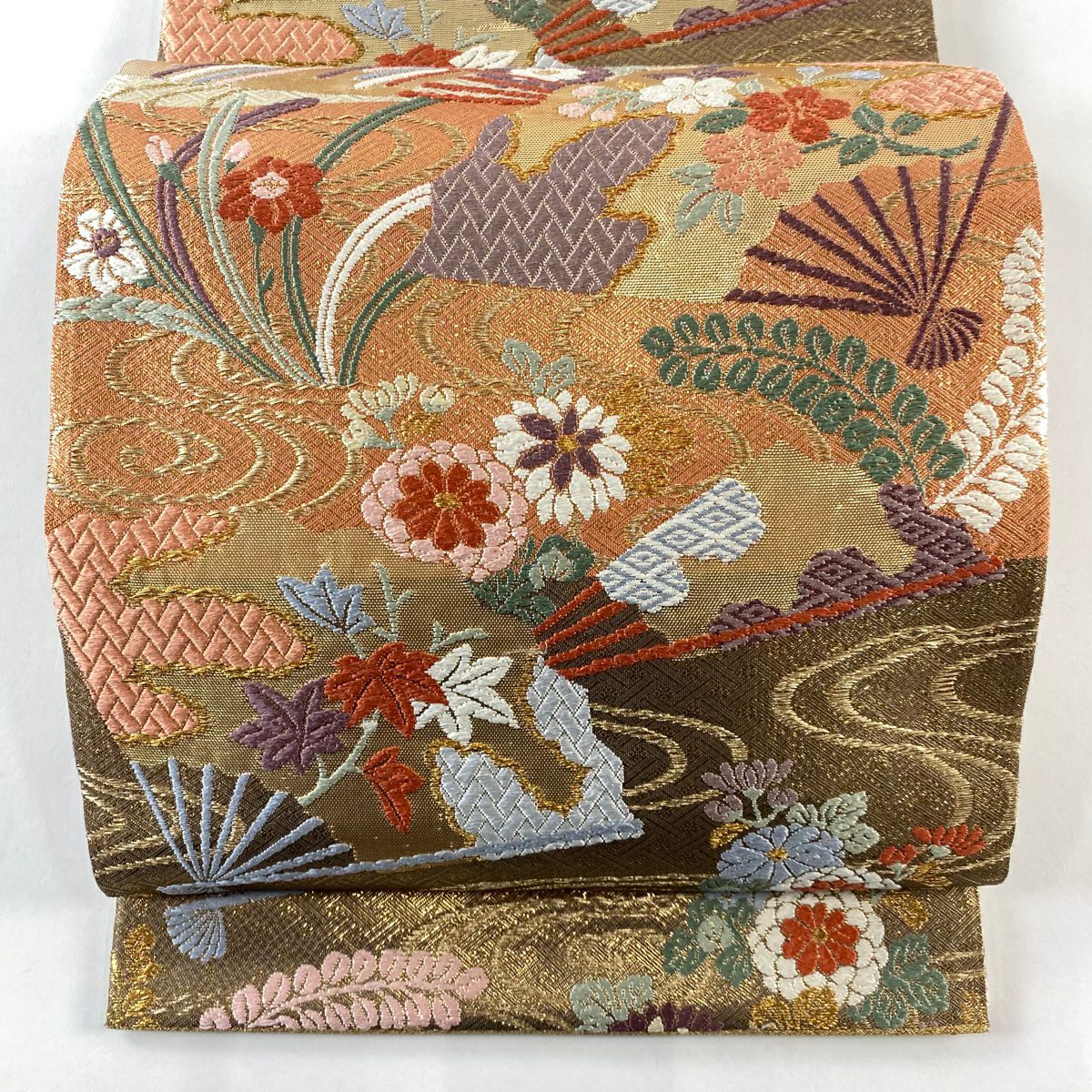 袋帶 秀品級 能扇子秋草紋 關西仕立 雜草 流水 金金箔 金絲 粉米色 六通 純蠶絲