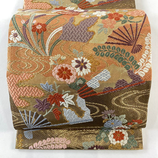 袋帶 秀品級 能扇子秋草紋 關西仕立 雜草 流水 金金箔 金絲 粉米色 六通 純蠶絲