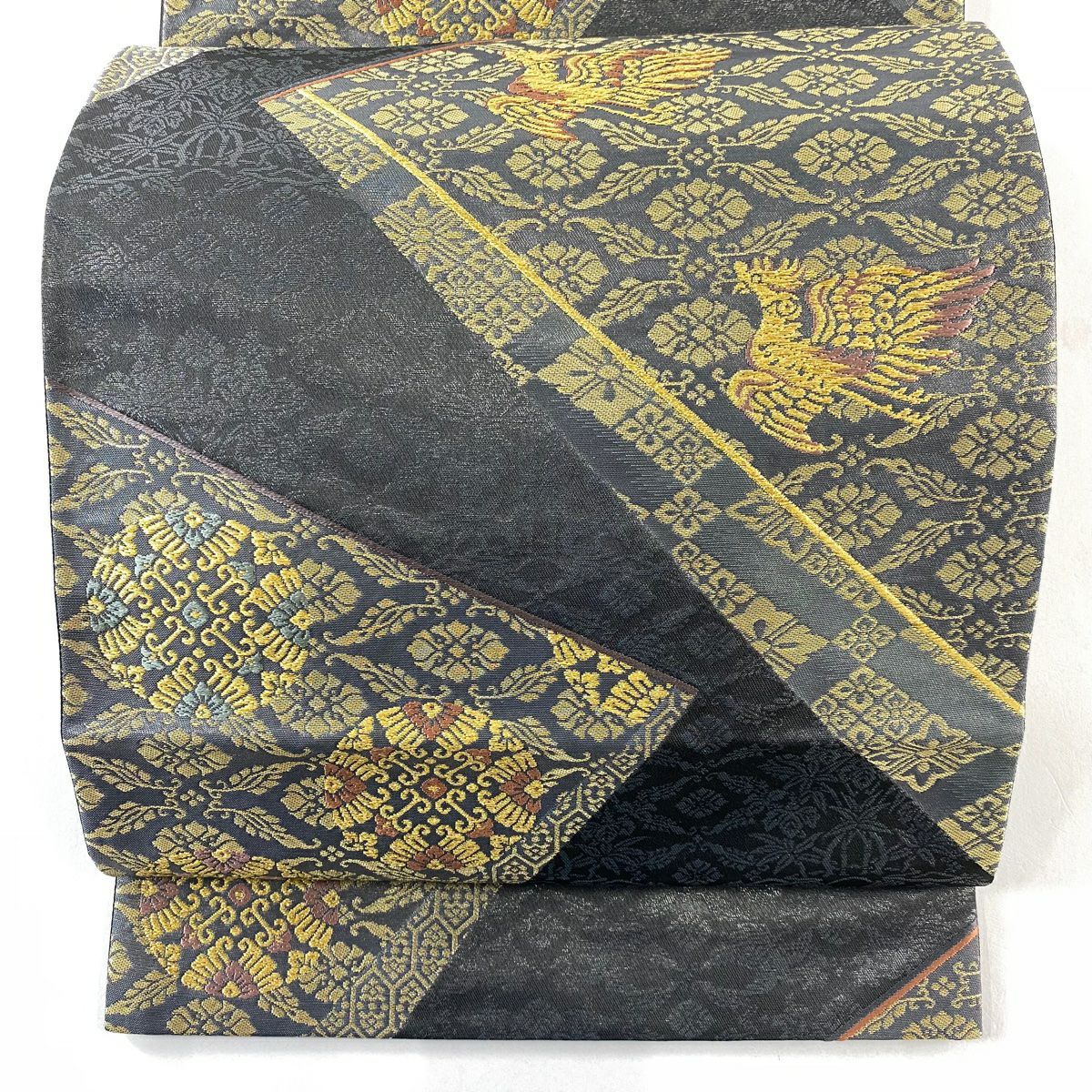 【美品】 袋帶 秀品級 鳳凰 浮線綾文 金金箔 金絲 灰色 六通 純蠶絲