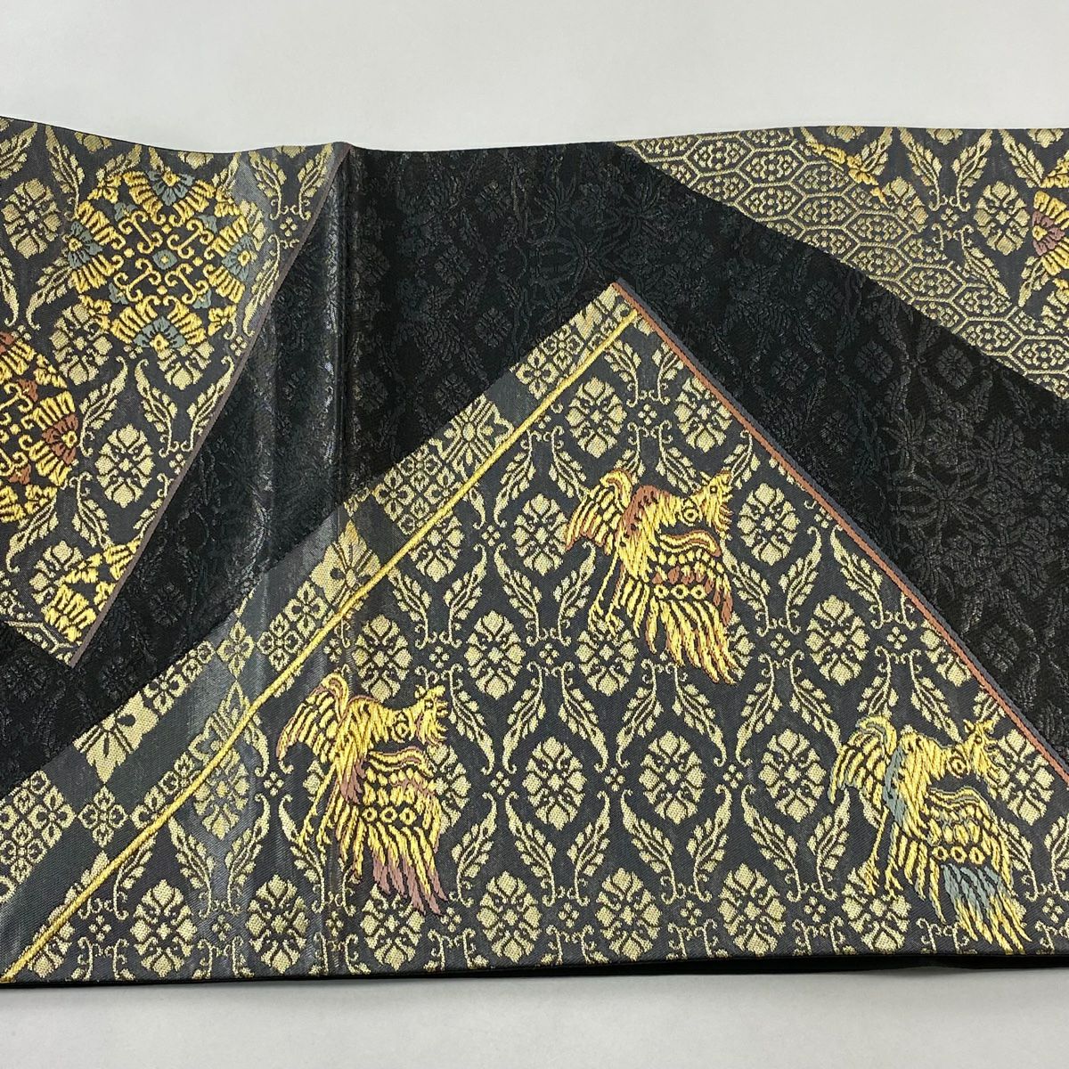 【美品】 袋帶 秀品級 鳳凰 浮線綾文 金金箔 金絲 灰色 六通 純蠶絲